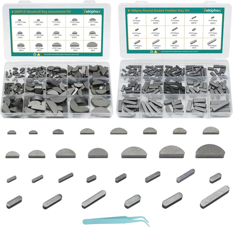 Dekiphox 385pcs Metric Woodruff Key Assortment Kit Popular Sizes Include 205PCS Woodruff Half Moon Keys, 180PCS Round Ended Feather Key for Fasteners Mechanical Industry Crankshaft - Image 1